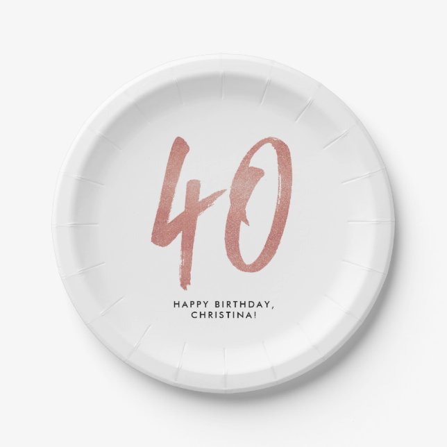 40th birthday party personalized rose gold paper plate (Front)