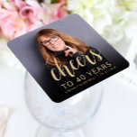 40th Birthday Party Photo Cheers Square Paper Coaster<br><div class="desc">This custom 40th birthday paper coaster features the guest of honour's personalized photo,  name,  and birthday,  along with the word "Cheers" in elegant gold-coloured calligraphy script. A dark screen helps make the text pop. A great way to celebrate someone who's turning forty!</div>