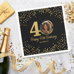 40th Birthday Party Photo Chic Black Gold Glitter Napkin