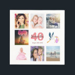 40th birthday party photo collage napkin<br><div class="desc">A napkin for a girly 40th birthday party,  celebrating her life with a collage of 8 of your photos.  Templates for a name,  age 40 and a date.  Date of birth or the date of the party.  Coral and burgundy coloured letters.  White background.</div>