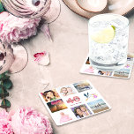 40th birthday party photo collage square paper coaster<br><div class="desc">A party coaster for a girly 40th birthday party, celebrating her life with a collage of 8 of your photos. Templates for a name, age 40 and a date. Date of birth or the date of the party. Coral and burgundy coloured letters. White background.</div>