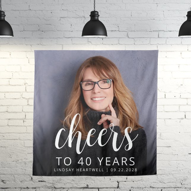 40th Birthday Party Photo White Script Cheers Tapestry (Creator Uploaded)