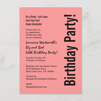 40th Birthday Party Pink and Black Budget V101E Invitation