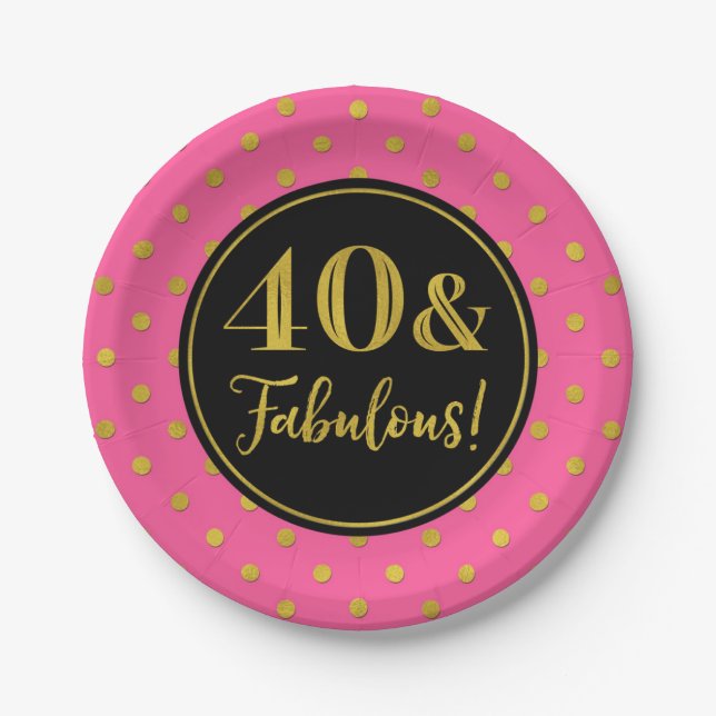 40th Birthday Party Pink Black Gold Dots Paper Plate (Front)