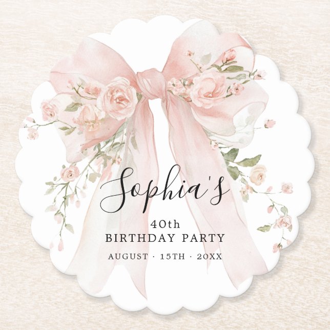 40th Birthday Party Pink Bow with Roses Paper Coaster (Front)