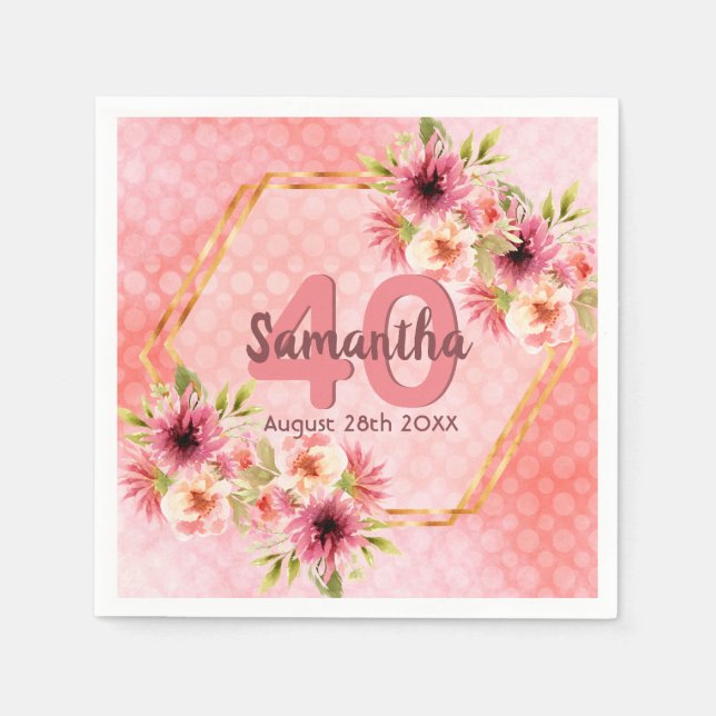 40th birthday party pink florals gold geometric napkin (Front)