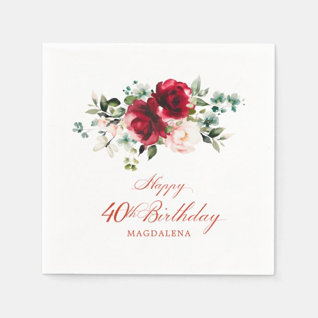 40th Birthday Party Pink Red Floral Custom Napkin (Front)