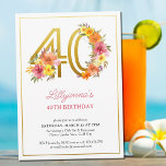 40th Birthday Party Pretty Floral Gold Number 40 Invitation<br><div class="desc">40th birthday party invitation with gold number 40 decorated with pretty flowers. Feminine and elegant design with watercolor floral arrangements in shades of pink yellow orange and purple. Perfect for 40th birthday celebration,  spring or summer birthday lunch,  garden tea party etc.</div>