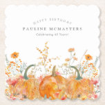 40th Birthday Party Pumpkin Wildflower Custom Paper Coaster<br><div class="desc">Fall pumpkins are nestled in delicate golden yellow and orange wildflowers to create an elegant aesthetic. All of the text is editable so you can easily craft your own special mood.</div>