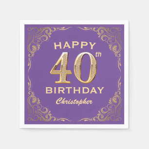 40th Birthday Party Purple and Gold Glitter Frame Napkin