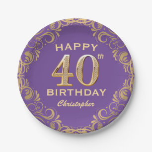 40th Birthday Party Purple and Gold Glitter Frame Paper Plate