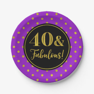 40th Birthday Party Purple Black Gold Dots Paper Paper Plate