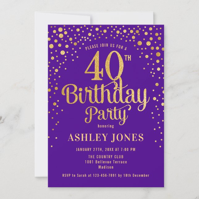 40th Birthday Party - Purple & Gold Invitation (Front)