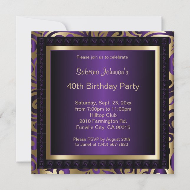 40th Birthday Party | Purple & Gold Metallic Invitation (Back)