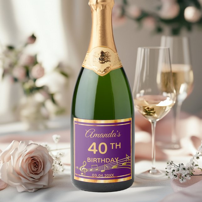 40th birthday party purple gold music notes fun sparkling wine label (Creator Uploaded)