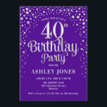 40th Birthday Party - Purple & Silver Invitation<br><div class="desc">40th Birthday Party Invitation.
Elegant design in royal purple and faux glitter silver. Features stylish script font and confetti. Message me if you need custom age.</div>