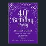 40th Birthday Party - Purple & Silver Invitation<br><div class="desc">40th Birthday Party Invitation.
Elegant design in royal purple and faux glitter silver. Features stylish script font and confetti. Message me if you need custom age.</div>