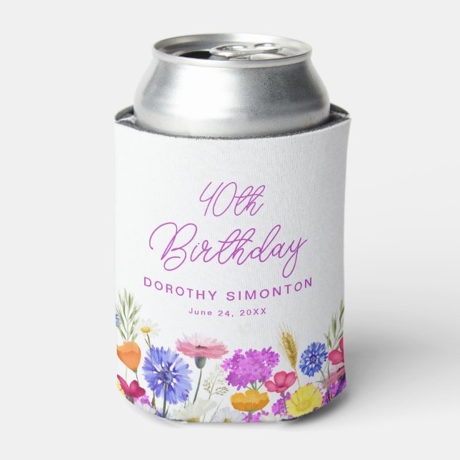 40th Birthday Party Purple Wildflower Custom Can Cooler (Can Front)