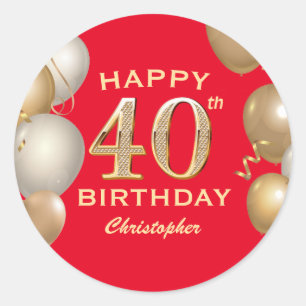 40th Birthday Party Red and Gold Balloons Classic Round Sticker