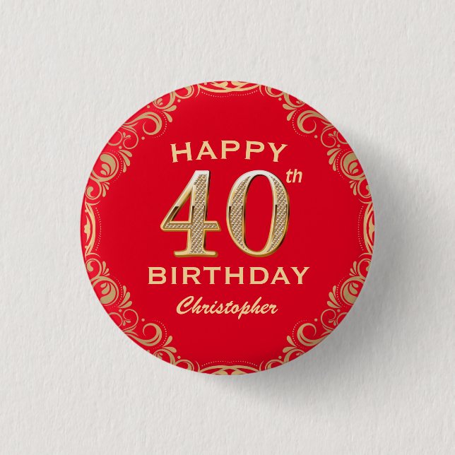 40th Birthday Party Red and Gold Glitter Frame 1 Inch Round Button (Front)