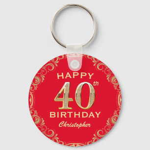 40th Birthday Party Red and Gold Glitter Frame Keychain