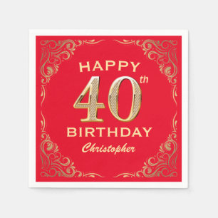 40th Birthday Party Red and Gold Glitter Frame Napkin