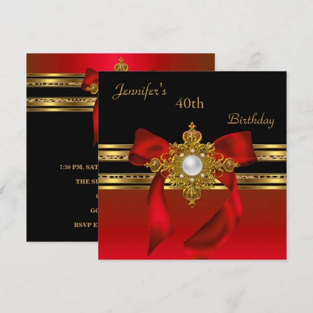 40th Birthday Party Red Gold Pearl Jewel Red Bow Invitation (Front/Back)