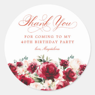 40th Birthday Party Red Pink Floral Thank You Classic Round Sticker