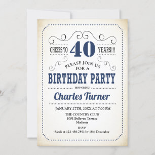 40th Birthday Party - Retro Creamy White and Navy Invitation