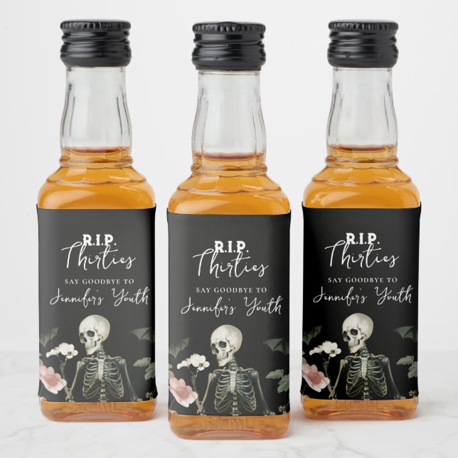 40th Birthday Party RIP Skeleton Pink Floral  Liquor Bottle Label (Bottles)