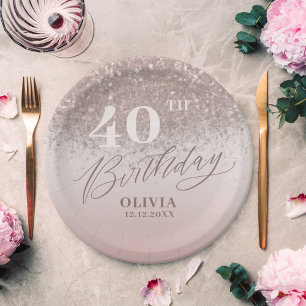 40th Birthday Party Rose Gold Glitter Paper Plate