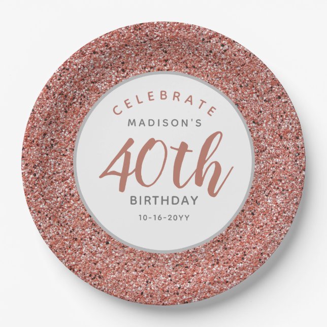 40th Birthday Party Rose Gold Glitter Personalized Paper Plate (Front)