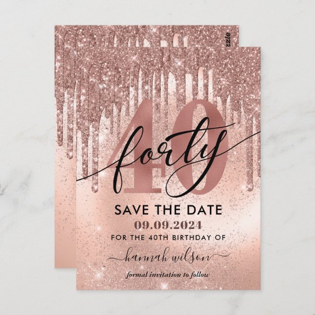 40th Birthday Party Rose Gold Save The Date  Postcard (Front/Back)