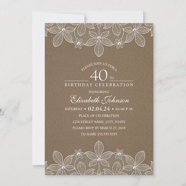 40th Birthday Party Rustic Burlap Pearls and Lace Invitation (Front)