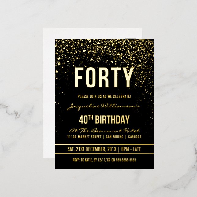 40th Birthday Party | Shimmering Gold Confetti Foil Invitation Postcard (Front/Back)