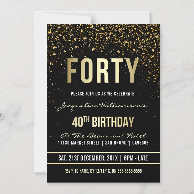 40th Birthday Party | Shimmering Gold Confetti Magnetic Invitation (Front)