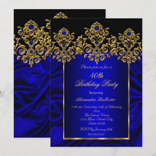 40th Birthday Party Silk Royal Blue Gems Gold Invitation