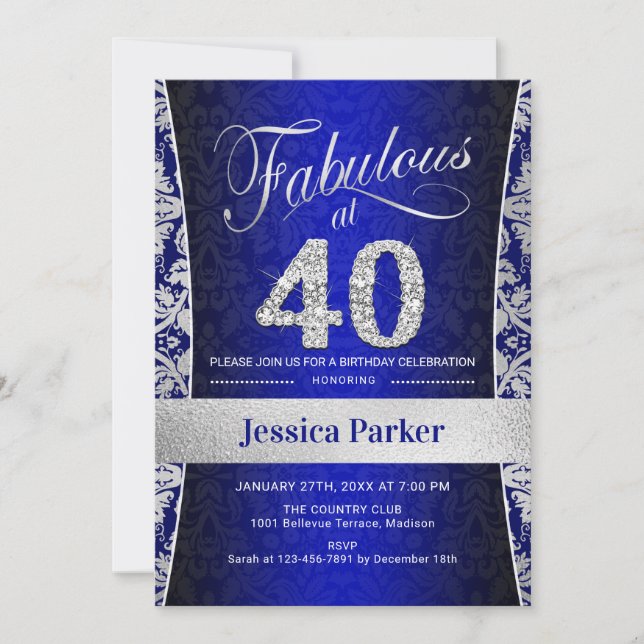 40th Birthday Party - Silver Royal Blue Invitation (Front)