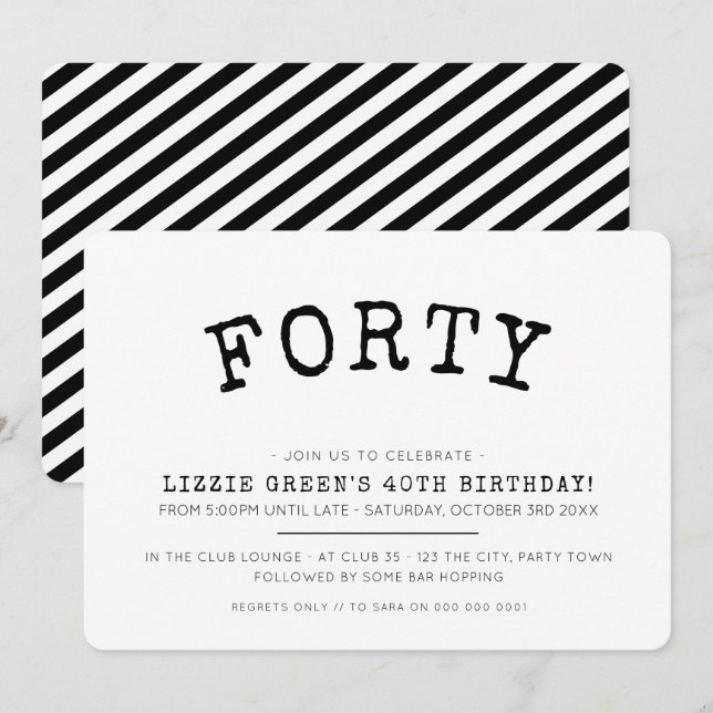 40TH birthday party simple modern minimal black Invitation (Front/Back)