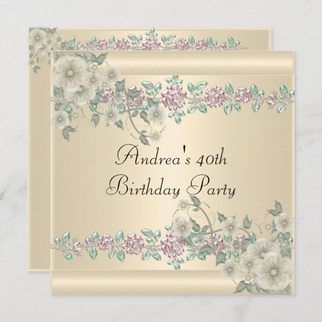 40th Birthday Party Soft Pretty Cream Floral 2 Invitation (Front/Back)
