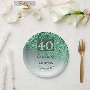 40th Birthday Party Sparkle Green Glitter Paper Plate