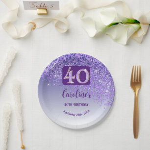 40th Birthday Party Sparkle Purple Glitter Paper Plate