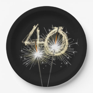 40th Birthday Party Sparklers on Black  Paper Plate