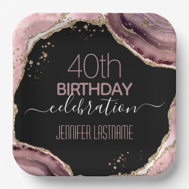 40th Birthday Party Stone and Gold Paper Plate (Front)