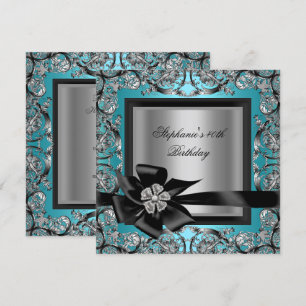 40th Birthday Party Teal Blue Silver Black Bow Invitation