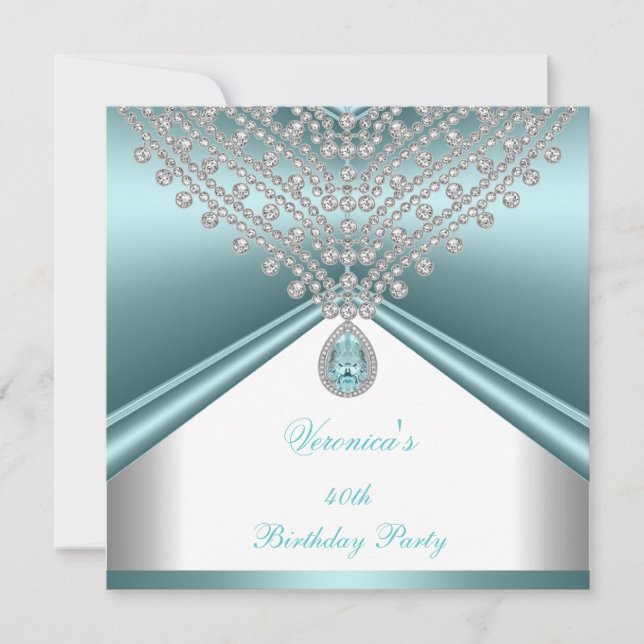 40th Birthday Party Teal Blue White Diamonds Invitation (Front)