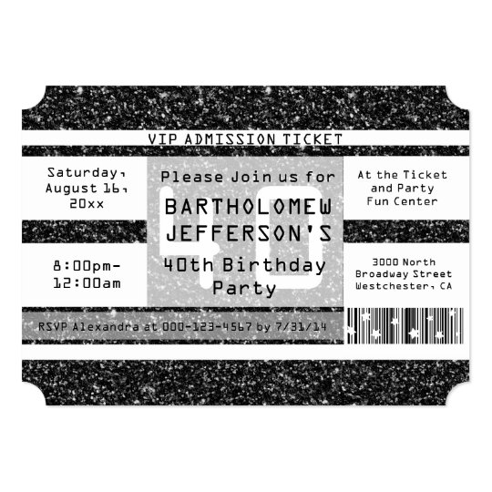 40th Birthday Party Ticket, Black Shimmer Card