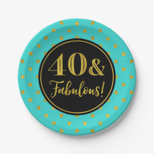 40th Birthday Party Turquoise Black Gold Dots Paper Plate