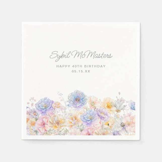 40th Birthday Party Watercolor Floral Custom Napkin (Front)