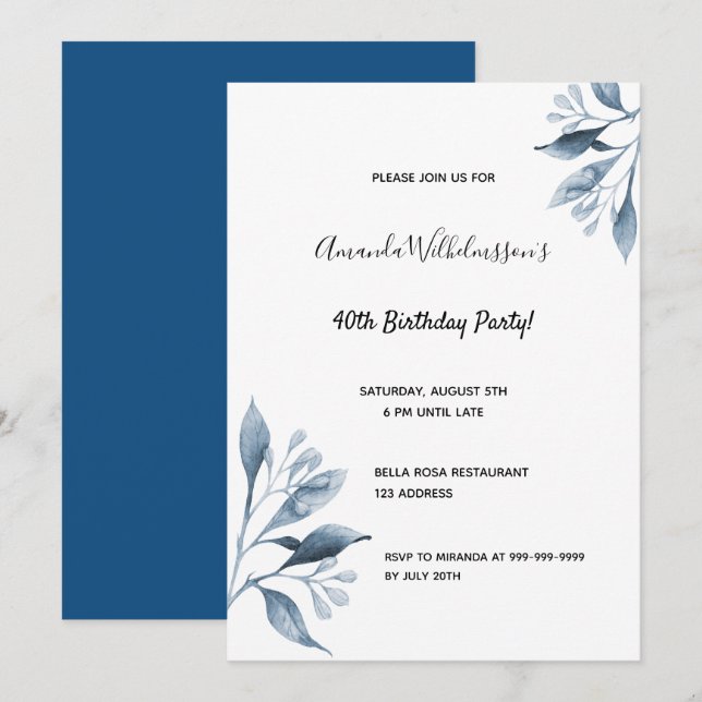 40th birthday party white blue flowers foliage invitation (Front/Back)